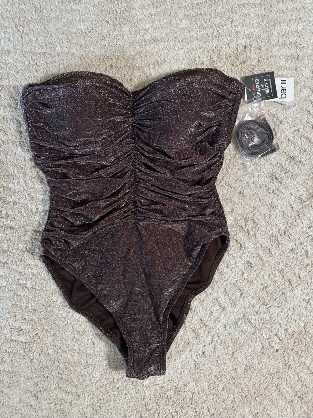 Bar III bandeau one-piece ruched metallic shimmer swimsuit w/ optional straps